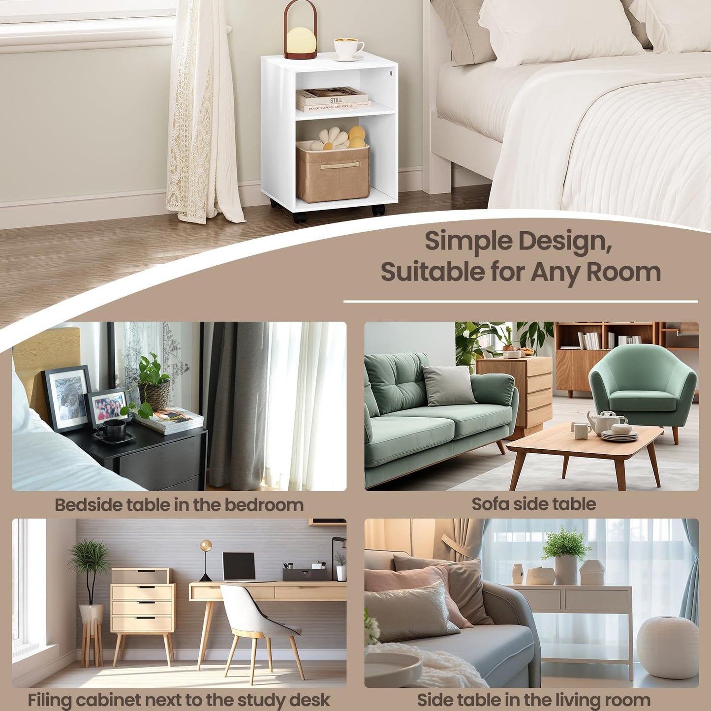 Printer Stand with Wheels in White, Mobile Office Cabinet with 2 Compartments, Engineered Wood Under-Desk Stand with Brakes, 40x35x55cm, Versatile Storage Trolley