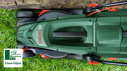 Bosch UniversalRotak 34-405 wired lawn mower (1300 W motor, 34 cm cutting width, 40 litre collection tray, for even mowing lawns leaving clean borders)