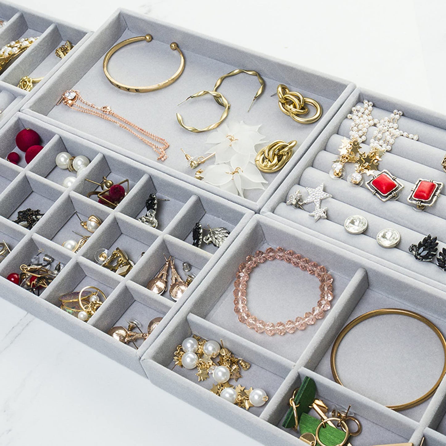 Velvet Jewelry Trays Organizer, Stackable Jewelry Storage Display Trays for Drawer Earring Necklace Bracelet Ring Organizer, Set of 4
