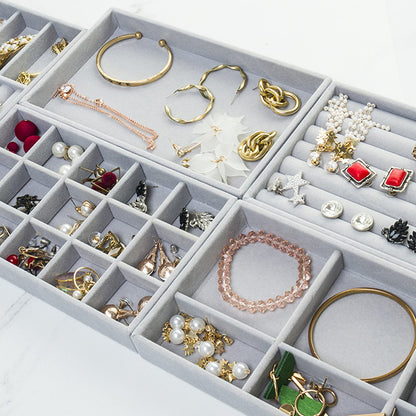Velvet Jewelry Trays Organizer, Stackable Jewelry Storage Display Trays for Drawer Earring Necklace Bracelet Ring Organizer, Set of 4