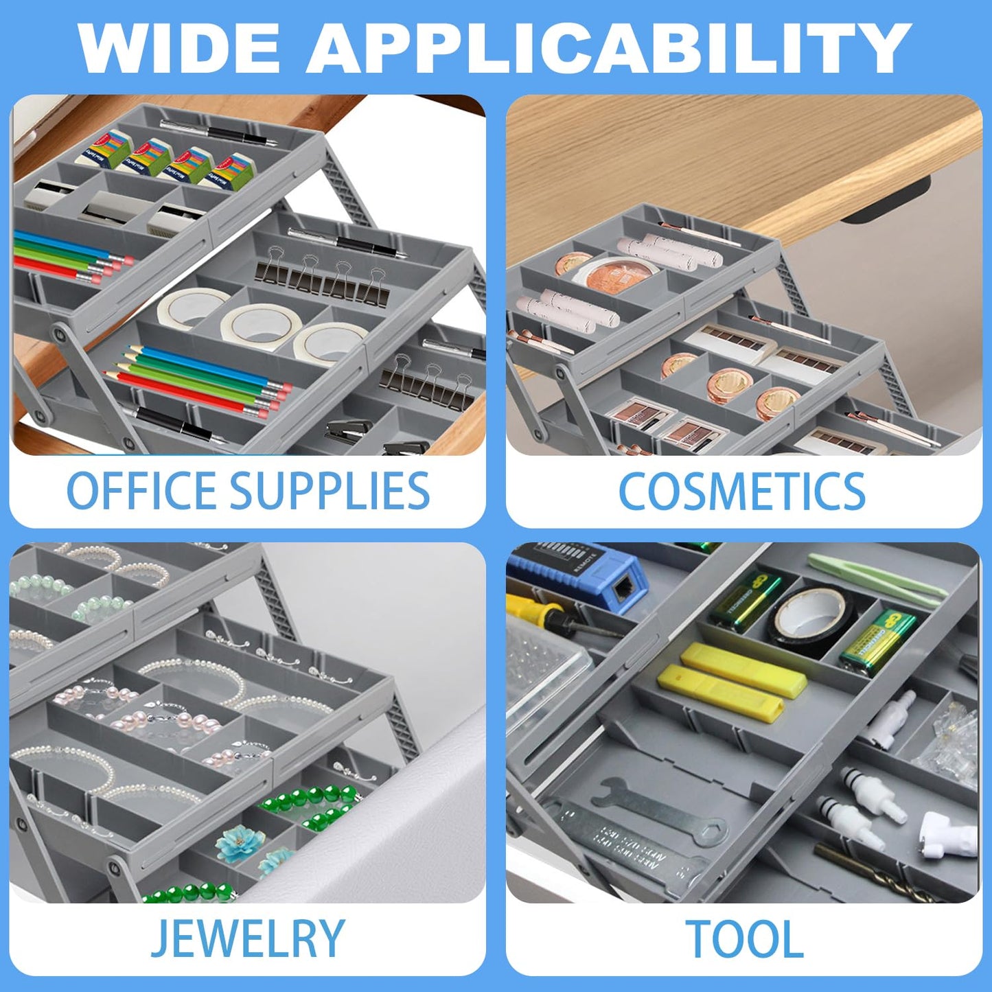 2 Tier Drawer Organiser,Smart Drawer Organizer Multi Level,Folding Shallow Drawer Organizers,Adjustable Expandable Drawer Organizer Trays For Office Gadgets,Makeup,Vanity, Jewelry,Cutlery(Single Row)