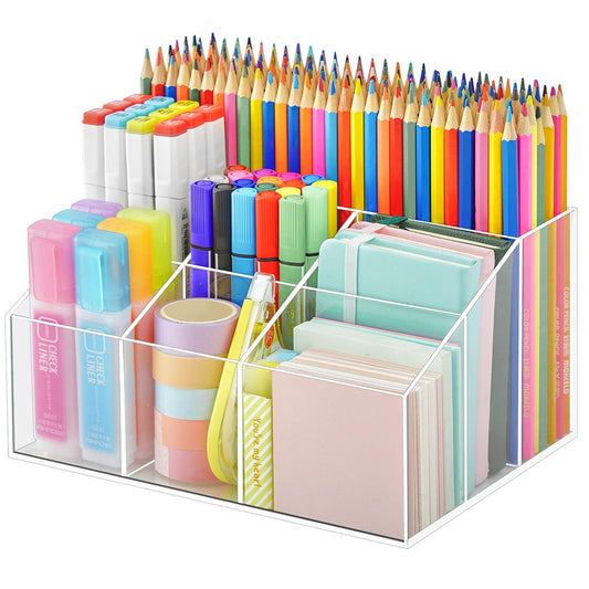 7-Compartment Clear Acrylic Pen Holder and Desk Organizer, Desktop Stationery Caddy for Pencils, Markers, and Scissors for Office, School, Home, and Art Supply Storage