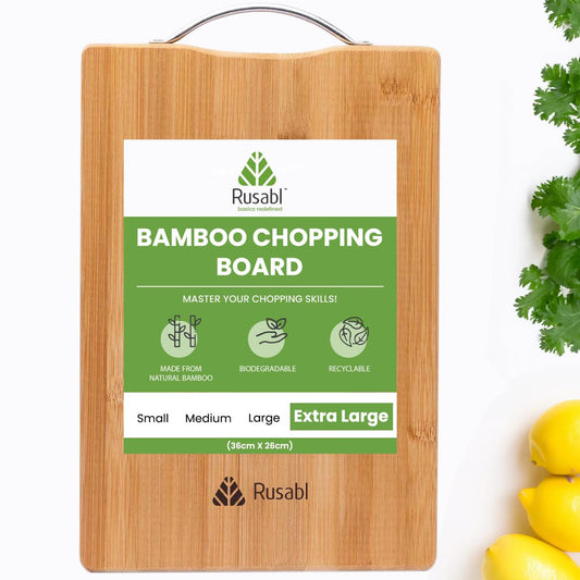 Rusabl Bamboo Chopping Board/Vegetable Cutting Board for Kitchen with Metal Handle | Natural Bamboo | Recyclable | Biodegradable (26 x 36 x 1.7 cms, Brown, Extra Large)