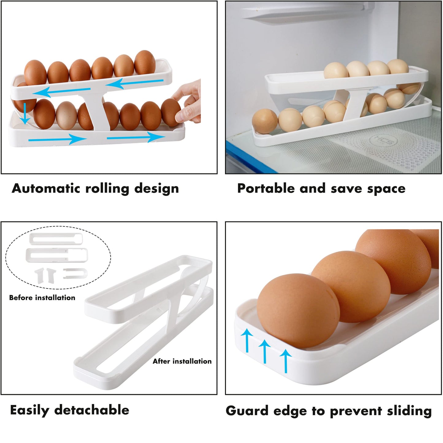 LENGMOMO Wenmpopo Egg Holder for Refrigerator - Automatically Rolling Egg Storage Container?2 Tier Rolling Egg Dispenser Detachable, Space Saving Egg Tray for Refrigerator Countertop Cabinet