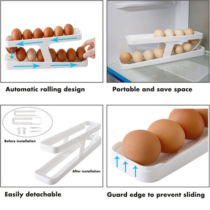 LENGMOMO Wenmpopo Egg Holder for Refrigerator - Automatically Rolling Egg Storage Container?2 Tier Rolling Egg Dispenser Detachable, Space Saving Egg Tray for Refrigerator Countertop Cabinet
