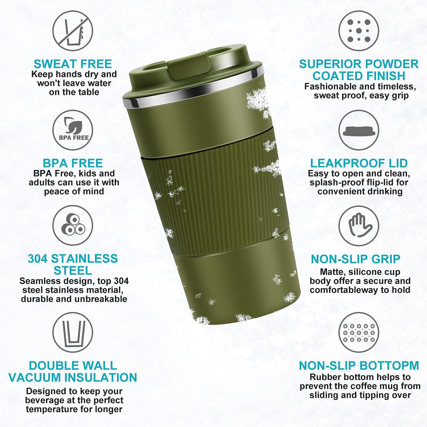 Reusable Travel Coffee Mug 510ml, Double-Walled Insulated Stainless Steel Cup with Leakproof Lid, Eco-Friendly Portable Tumbler for Hot and Cold Drinks, BPA-Free