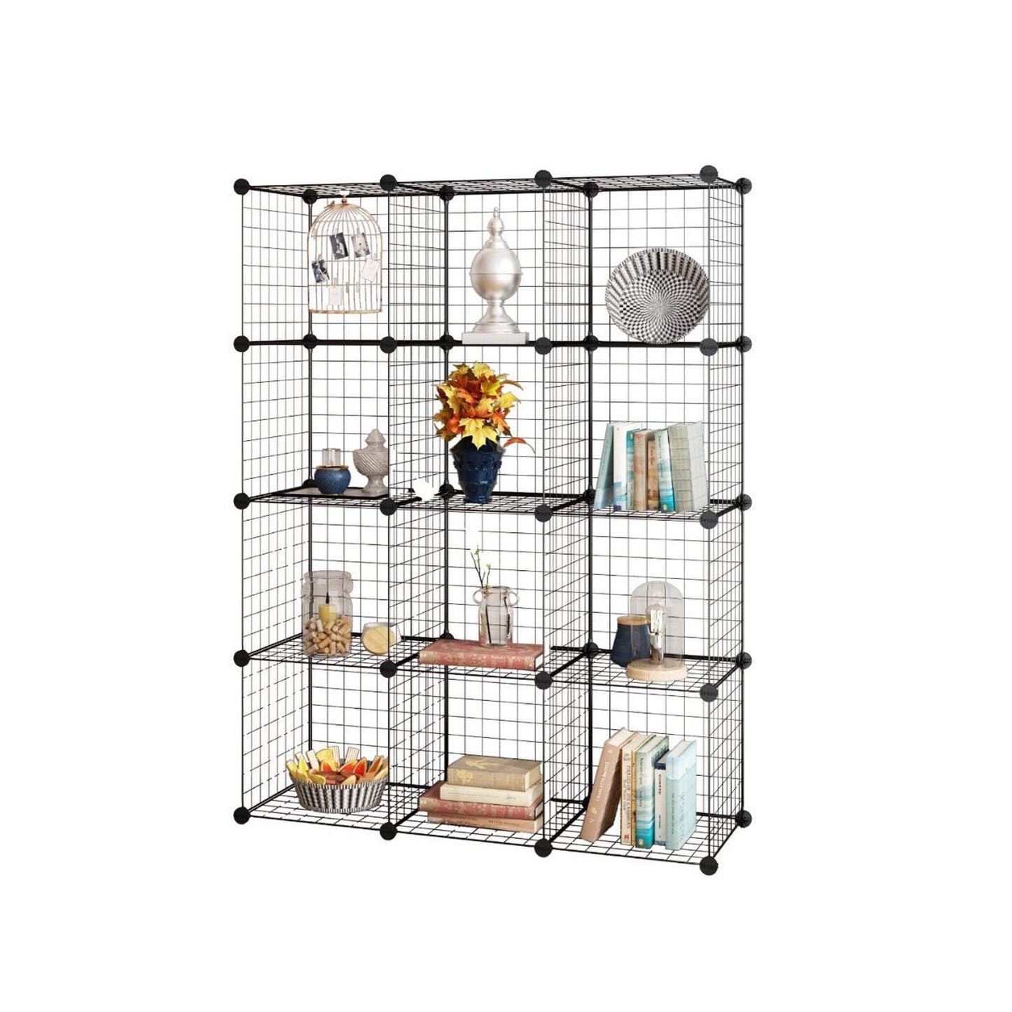 12-Cube DIY Wire Grid Bookcase, Multi Use Modular Storage Shelving Rack, Open Organizer Cabinet for Books, Toys, Clothes, Tools