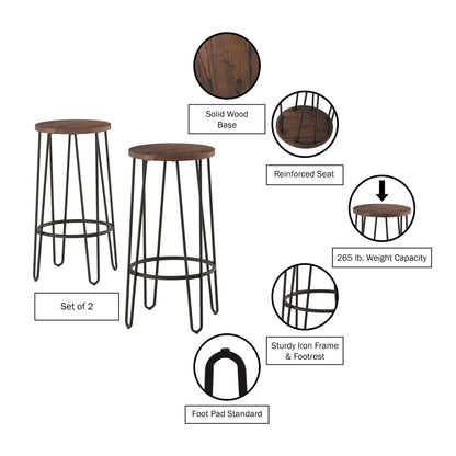 Bar Height Stools-Backless Barstools with Hairpin Legs Wood Seat-Kitchen or Dining Room- Modern Farmhouse Accent Furniture (Set of 2)