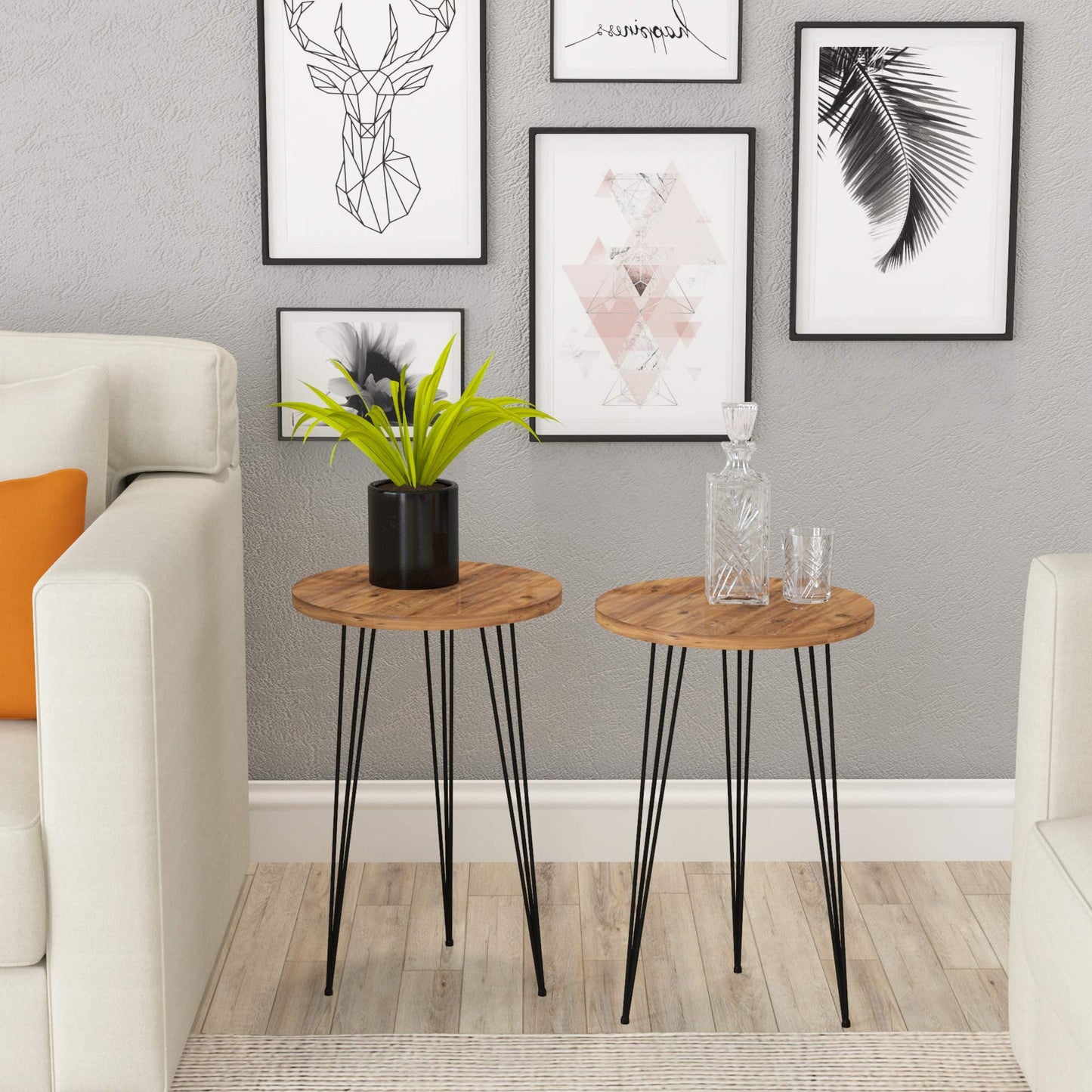 Woodx,Set of 2 Pine Wood End Tables Round Wood Sofa Side Coffee Tables for Small Spaces, Nightstand Bedside Table with Metal Legs for Bedroom, Living Room, Office, Balcony