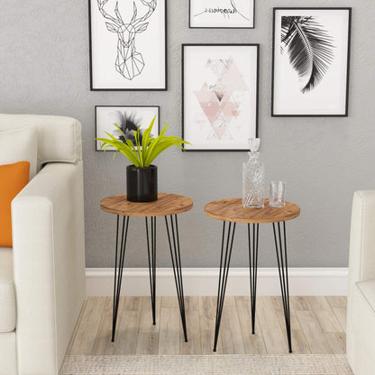 Woodx,Set of 2 Pine Wood End Tables Round Wood Sofa Side Coffee Tables for Small Spaces, Nightstand Bedside Table with Metal Legs for Bedroom, Living Room, Office, Balcony