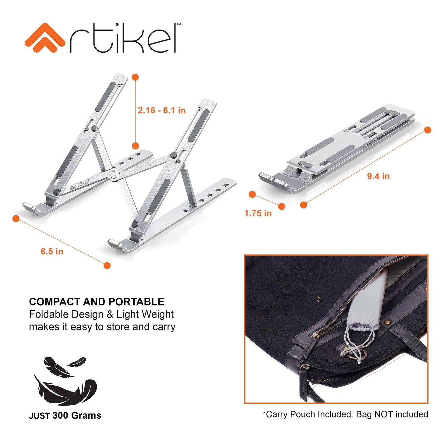 Artikel® Uni-Lite+ Laptop Stand with Carry Pouch | 6 Height Adjustable Riser for desk | Increased Laptop Ventilation | Ergonomic Foldable & Portable | Universally Compatible | Silver