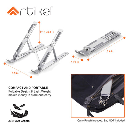 Artikel® Uni-Lite+ Laptop Stand with Carry Pouch | 6 Height Adjustable Riser for desk | Increased Laptop Ventilation | Ergonomic Foldable & Portable | Universally Compatible | Silver