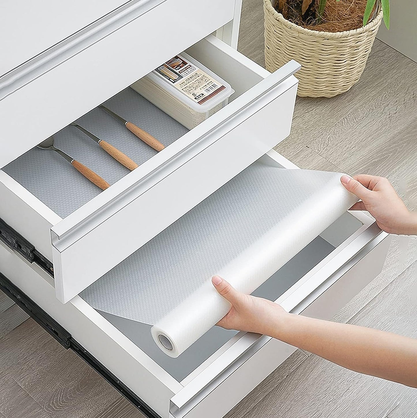 wolpin Anti-Slip Kitchen Cabinet Drawer Shelf Mat Liner Sheets (45 cm x 3 m Roll) Waterproof Strong Table Mat for Bathroom, Fridge, Textured Multipurpose (Transparent, White), Ethylene Vinyl Acetate