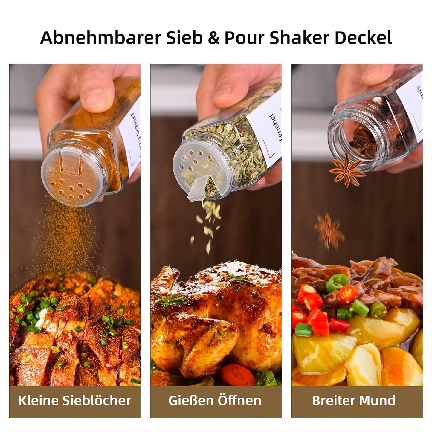 Roetell Set of 12 Spice Jars with Bamboo Lids, Square 120 ml Spice Jars with Metal Inner Lid, Foldable Funnel, Spice Storage Bottles for Spice Rack, Cabinet, Drawer