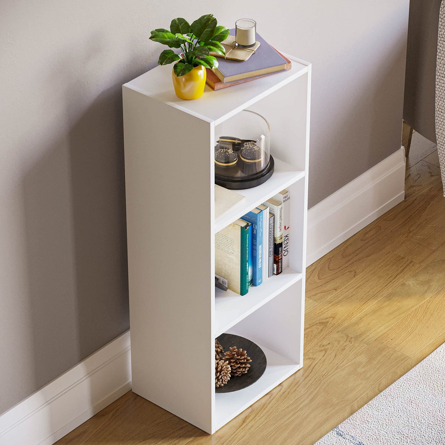 Oxford 3 Tier Cube Bookcase, White Wooden Shelving Display Unit, Modern Vertical Storage Organizer for Home Office, Living Room, or Bedroom Furniture, Tall Design