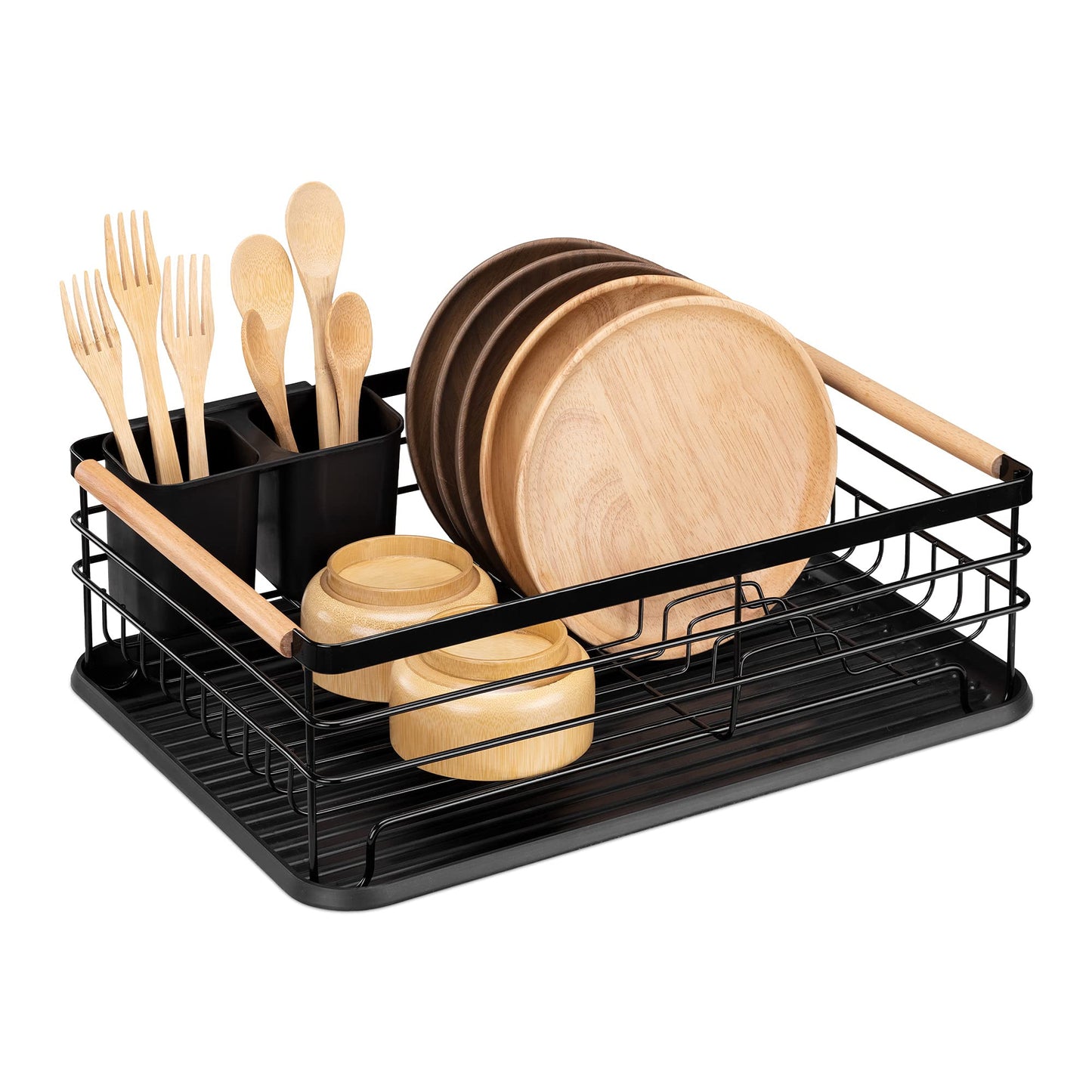 Navaris Dish Drainer Rack - Plate, Cutlery, Pots and Pans Drying Rack for Kitchen with Beechwood Handles - Modern Retro Design Drip Tray - Black