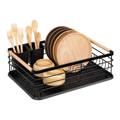 Navaris Dish Drainer Rack - Plate, Cutlery, Pots and Pans Drying Rack for Kitchen with Beechwood Handles - Modern Retro Design Drip Tray - Black