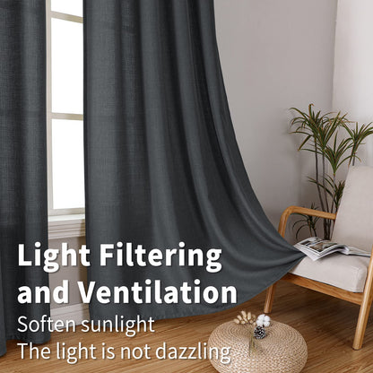 INtex CURTAINS Natural Linen Curtains -Semi Transparent Sheer -Soft And Durable Fabric -For Living Rooms And Bedroom Steel Grommets -Two Pieces 145W x 180L CM Light Grey