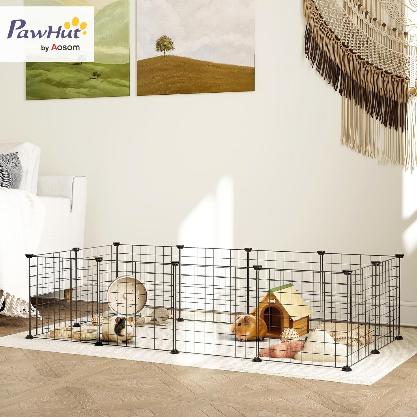 Pawhut DIY Pet Playpen Metal Wire Fence 12 Panel Enclosure Indoor Outdoor Guinea Pig Rabbit Small Animals Cage, Black