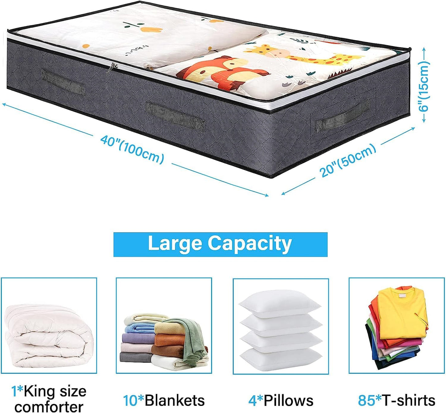 3 Pack Under Bed Storage Organizer Bags for bedroom, Large Capacity Clothing Containers, Foldable Underbed Storage Bins with Clear Window, 4 Reinforced Handles and Sturdy zipper for Blanket Toys