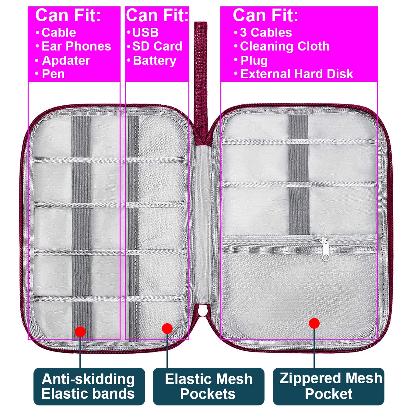 Electronic Organizer Travel Cable Organizer Bag Digital Accessories Storage Case with Dividers for Hard Drives, Portable Charger, Cables, Phone, USB, SD Card(Wine Red)