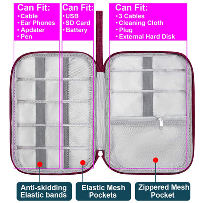Electronic Organizer Travel Cable Organizer Bag Digital Accessories Storage Case with Dividers for Hard Drives, Portable Charger, Cables, Phone, USB, SD Card(Wine Red)