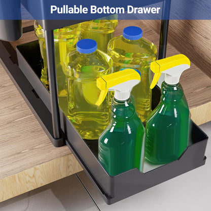 Puricon 2 Pack Under Sink Organizers and Storage Pull Out Sliding Drawer, 2 Tier Multi-purpose Kitchen Under the Sink Organizer Under Bathroom Sink Shelf Storage Rack for Countertop Laundry -Black