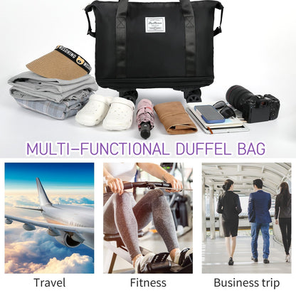 HI-FINE Expandable Foldable Duffle Bag With Wheels for Travel, Rolling Luggage Carry-On, Large Weekend Bag (Black)