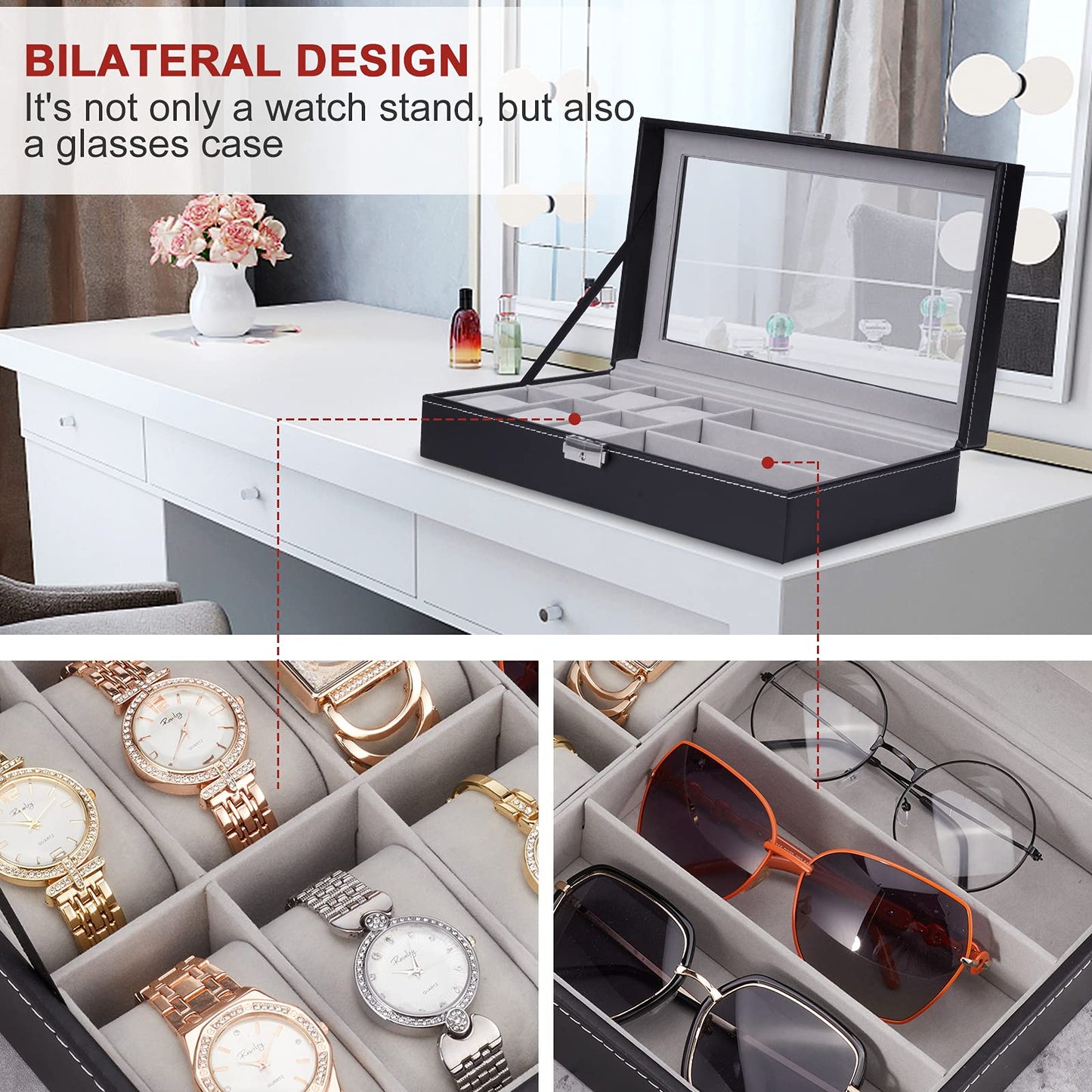 ALS AILISUO 6 Slots Watch Box 3 Slots Eyeglass Sunglasses Organizer Box With Lockable Case Clear Glass PU Leather Storage Box Display Showcase for Women & Men (Black)