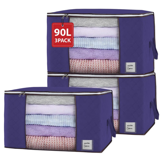 Yuhman 90L Large Clothes Storage Bags Pack of 3, Foldable Closet Orginizers with Reinforced Handle, Crafted from Durable Non-woven Fabric for Clothing, Blankets,Comforters & Toys(Blue)