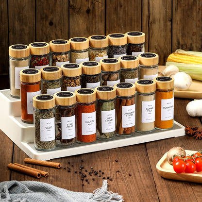NETANY 24 Pcs Spice Jars with Bamboo Lids - 4 oz Round Glass Spice Jars with Labels, Minimalist Farmhouse Stickers, Collapsible Funnel, Seasoning Bottles for Spice Rack, Cabinet, Drawer