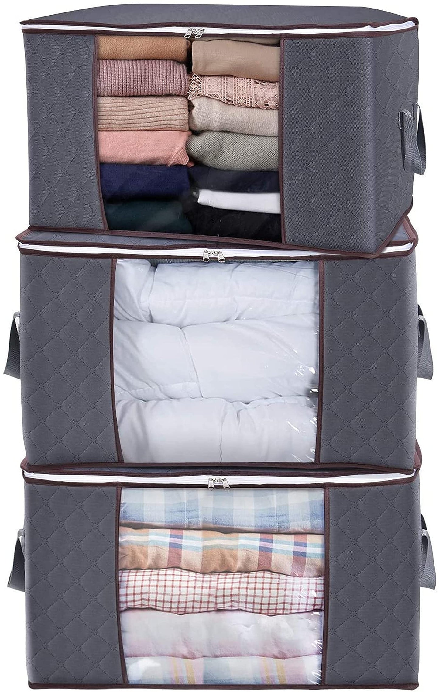 Large capacity 3 pack 90l clothes storage bag organizer with reinforced handle and 3 pack storage shoe bags,thick fabric for comforters,blankets,bedding,foldable with sturdy zipper, clear window