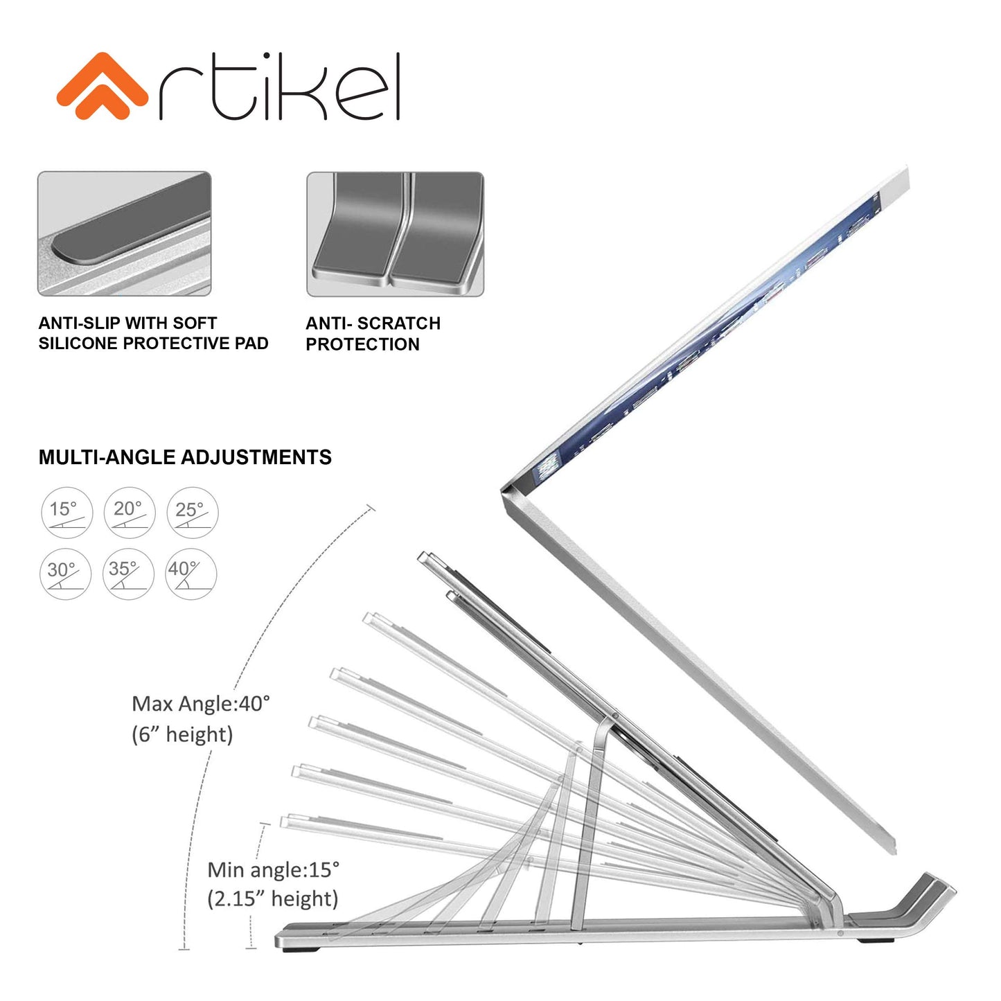Artikel® Uni-Lite+ Laptop Stand with Carry Pouch | 6 Height Adjustable Riser for desk | Increased Laptop Ventilation | Ergonomic Foldable & Portable | Universally Compatible | Silver