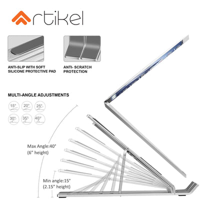 Artikel® Uni-Lite+ Laptop Stand with Carry Pouch | 6 Height Adjustable Riser for desk | Increased Laptop Ventilation | Ergonomic Foldable & Portable | Universally Compatible | Silver