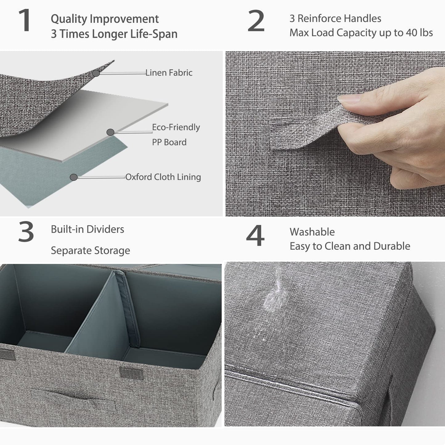 Storage Box with Lids, Foldable, Dual Compartments, Durable Fabric, Ideal for Home Organization, Grey, 44L x 28W x 24H cm