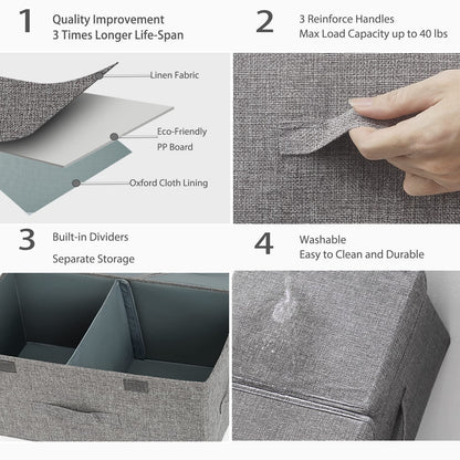Storage Box with Lids, Foldable, Dual Compartments, Durable Fabric, Ideal for Home Organization, Grey, 44L x 28W x 24H cm