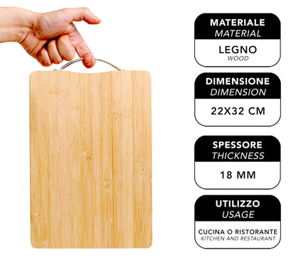 IPEA Rectangular Wooden Chopping Board with Metal Handle for Vegetables, Fruits, Salami - 32 x 22 cm - Multipurpose Kitchen Chopping Board for Cutting and Serving Appetizers, Bread, Cheeses - Bamboo