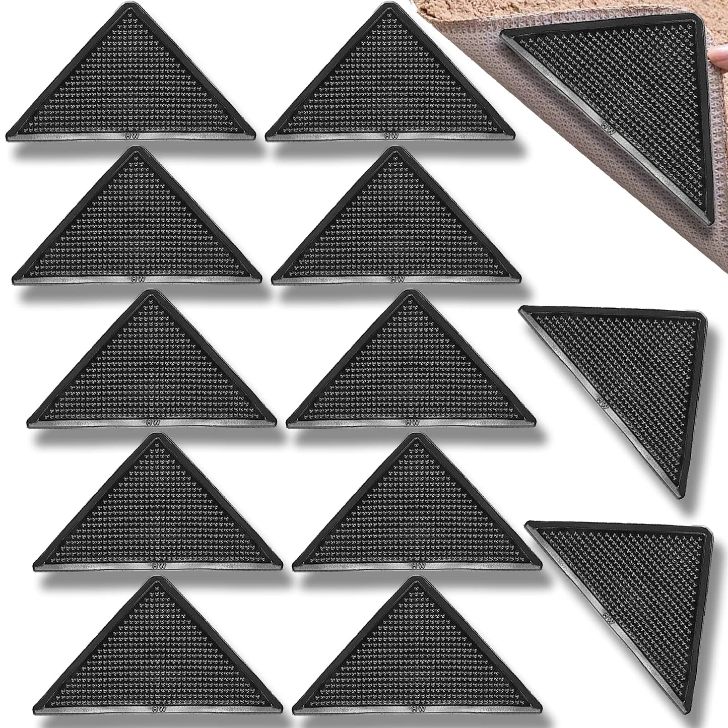 12 Pcs Non-Slip Rug Gripper, Rug Grippers for Hardwood Floors, Reusable Rug Tape for Area Rugs, Carpet Rug Tape for Bathroom Rugs Outdoor Rugs Tile Floors, Floor Mats (Black).