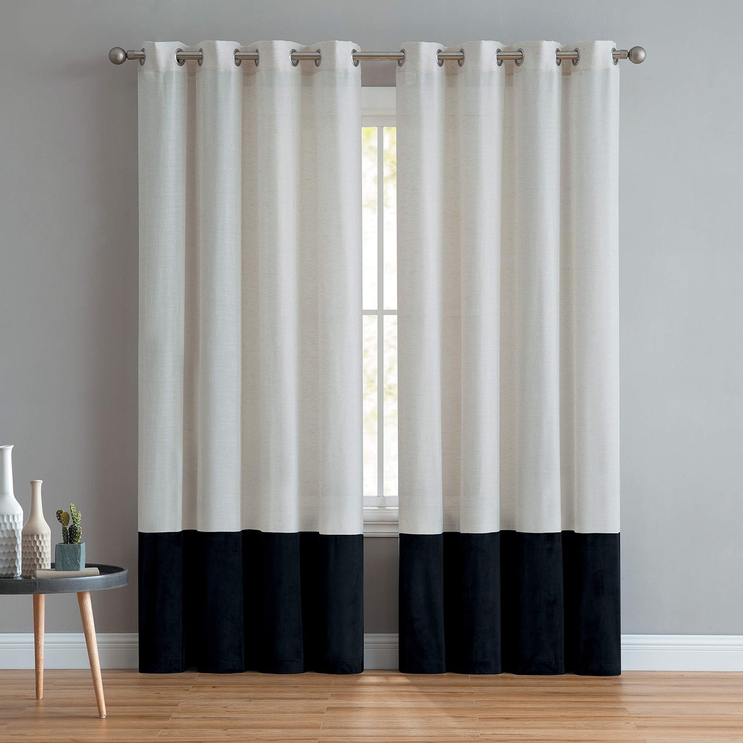 Luxury Linen Curtains With Velvet - Bottom Velvet Tone – 2-Tone Style – 1 Panel