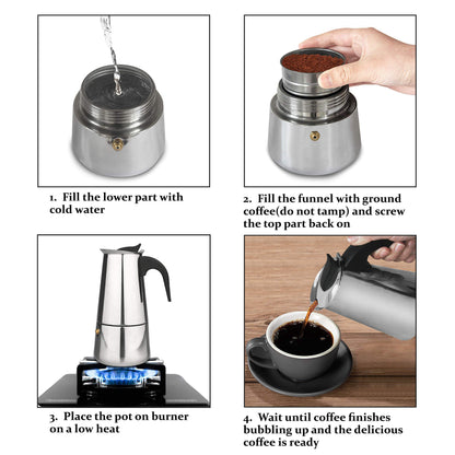 Espresso Maker Moka Pot 4 Cup (200ml) for Gas or Electric Stovetops, 304 Stainless Steel Espresso Maker, Suitable for Espresso, Cappuccino, Latte, Silver