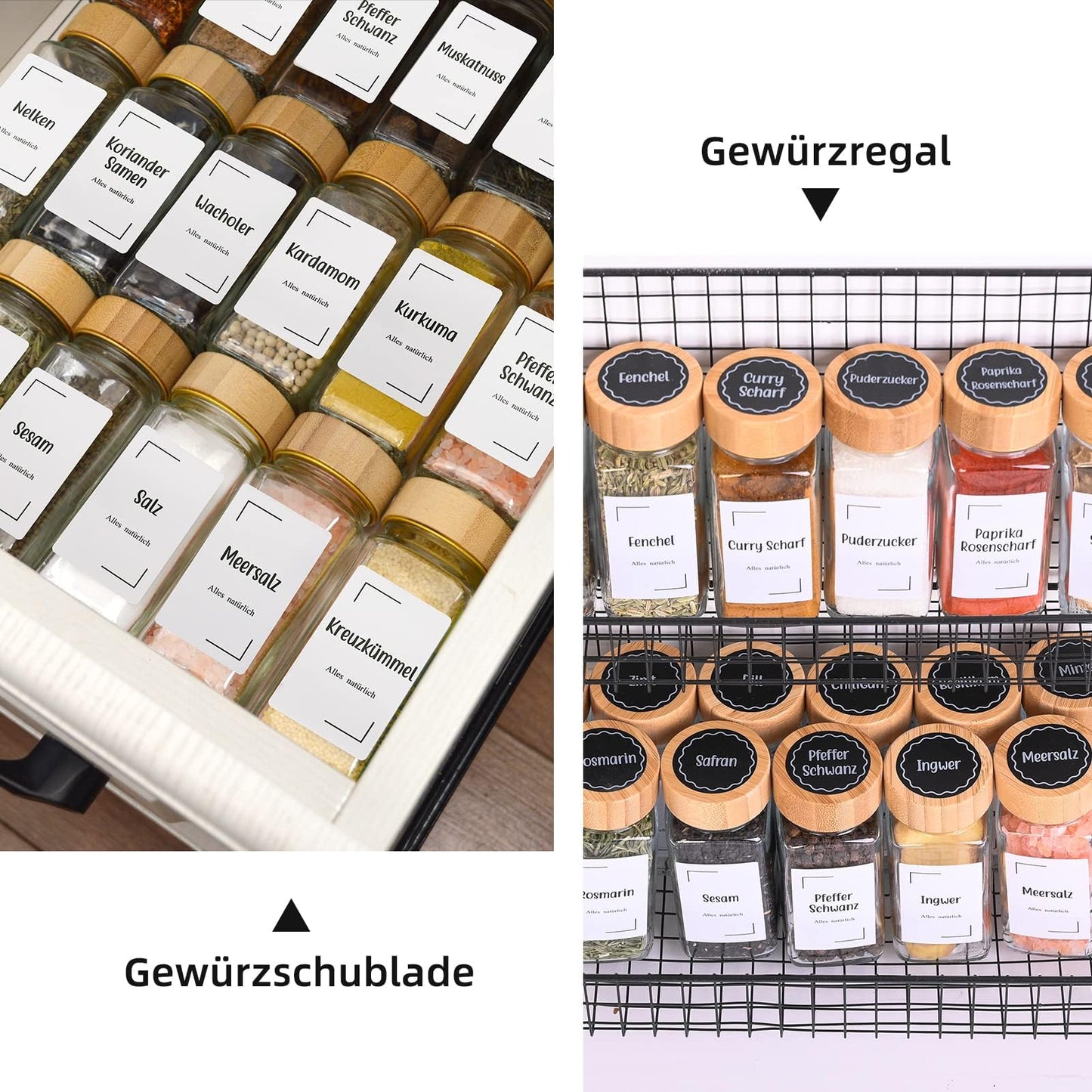 Roetell Set of 12 Spice Jars with Bamboo Lids, Square 120 ml Spice Jars with Metal Inner Lid, Foldable Funnel, Spice Storage Bottles for Spice Rack, Cabinet, Drawer