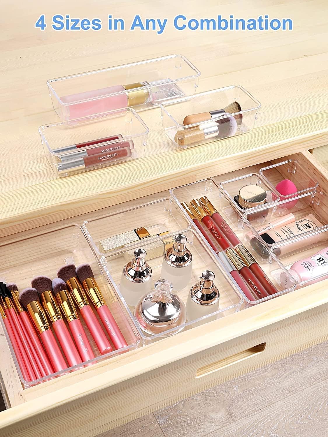 Kienlix Desk Drawer Organizer Trays Various Size Bathroom Organizer Storage Tray for Makeup, Jewelries, Utensils, Bedroom Dresser, Office and Kitchen (12 pc)