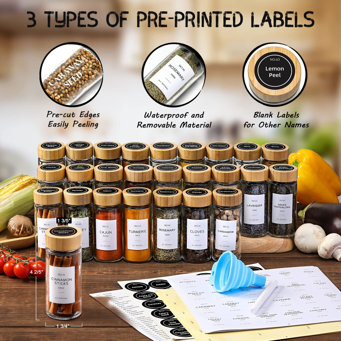 NETANY 24 Pcs Spice Jars with Bamboo Lids - 4 oz Round Glass Spice Jars with Labels, Minimalist Farmhouse Stickers, Collapsible Funnel, Seasoning Bottles for Spice Rack, Cabinet, Drawer