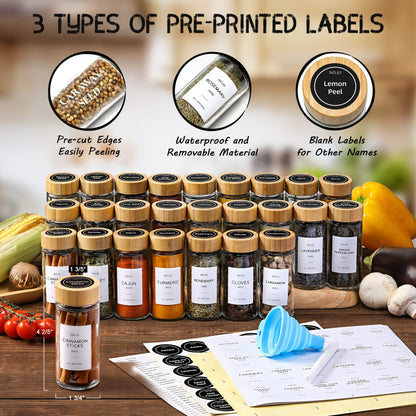 NETANY 24 Pcs Spice Jars with Bamboo Lids - 4 oz Round Glass Spice Jars with Labels, Minimalist Farmhouse Stickers, Collapsible Funnel, Seasoning Bottles for Spice Rack, Cabinet, Drawer