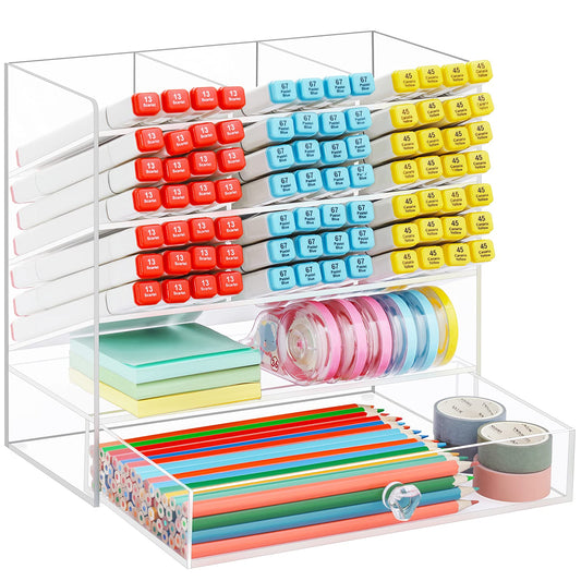 Clear Acrylic Pen Organizer for Desk, 12-Compartment Desktop Storage Caddy with Integrated Drawer, Multi-functional Holder for Pens, Markers, and Art Supplies for Home and Office
