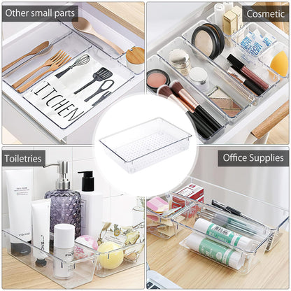 VOSSOT 6 Pieces Drawer Organiser System, Fridge Organiser Set, Stackable Storage Boxes, Clear Plastic Makeup Drawer Organiser Box, Desk Organiser Drawers