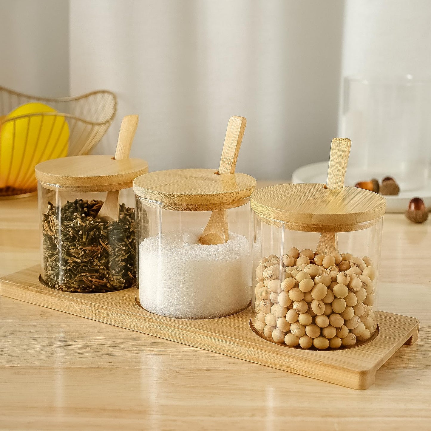 10.2 oz Condiments Container Seasoning Jars, Clear Glass Condiment Pot Set with Lids and Spoons, Tea Coffee Sugar Canisters Glass Spice Box, Refillable Seasoning Pot Bowl for Kitchen, Counter