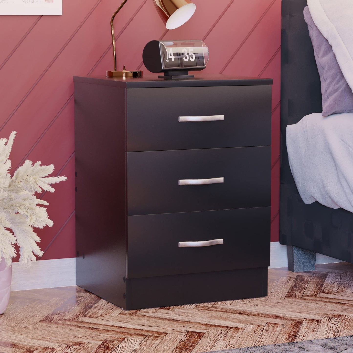 Large 3-Drawer Bedside Cabinet in Black, Chest of Drawers with Metal Handles and Anti-Bowing Support, Riano Bedroom Furniture for Ample Storage, Modern Nightstand