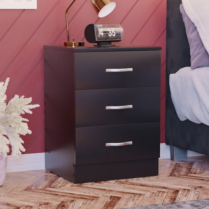 Large 3-Drawer Bedside Cabinet in Black, Chest of Drawers with Metal Handles and Anti-Bowing Support, Riano Bedroom Furniture for Ample Storage, Modern Nightstand
