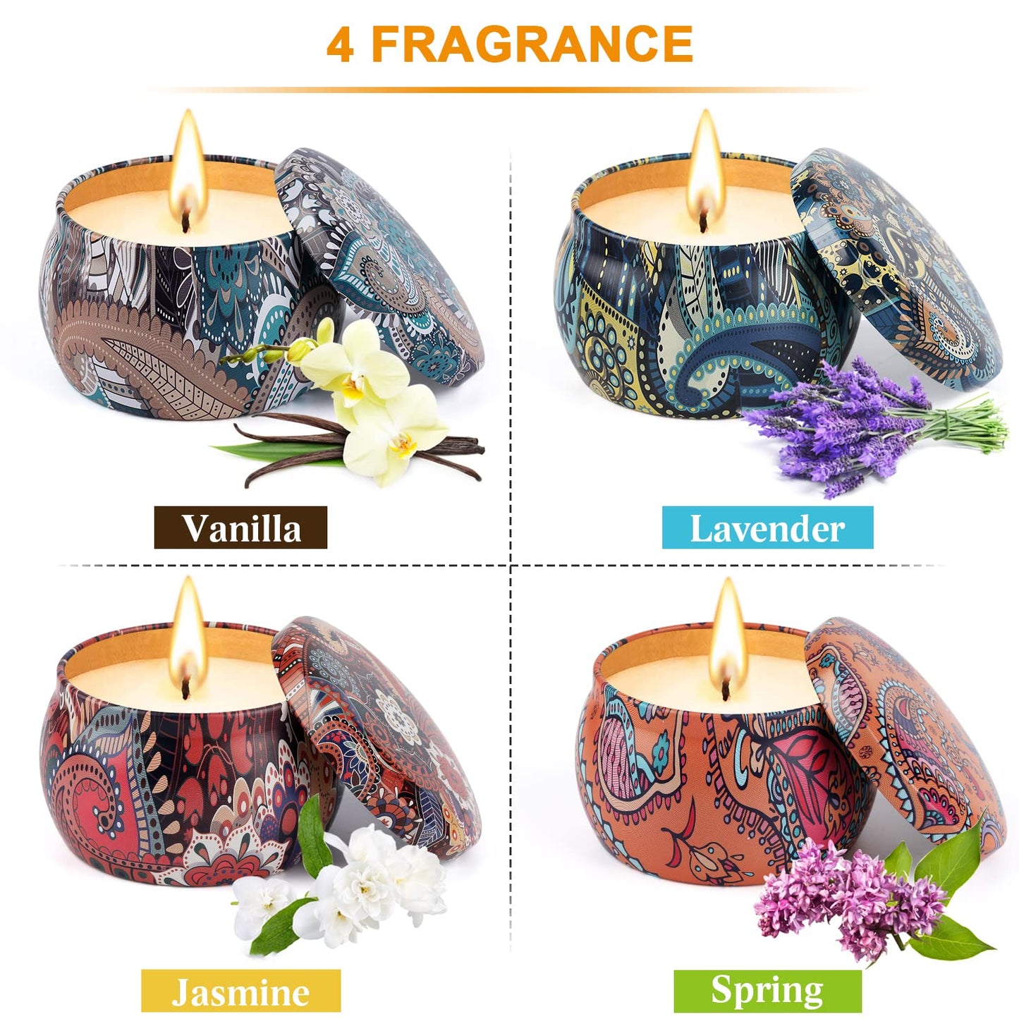 Tobeape® Scented Candles Gift Set, 4 Cans Natural Soy Wax 4.4 oz Portable Tin Candles Women Gift with Stress Relief and Aromatherapy for Holiday Gifts, Bathing, Home Decoration